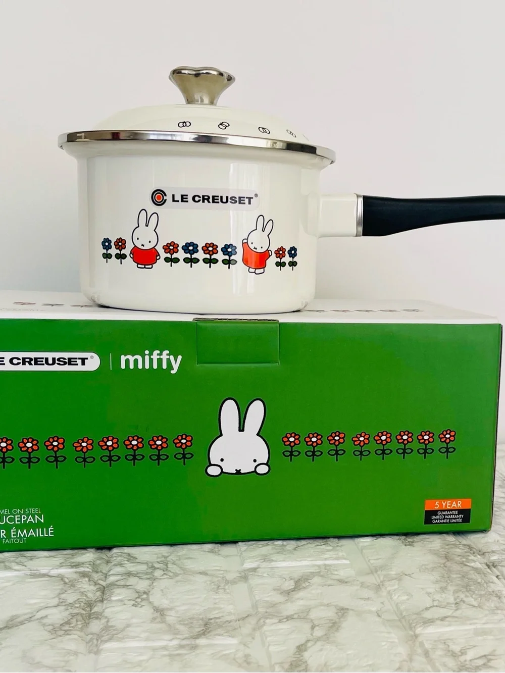 New Le Creuset White Enamel Miffy Saucepan with Orange Accents with original box